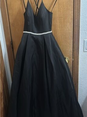 B Darlin Black Satin Evening Dress with Crystal Waistband